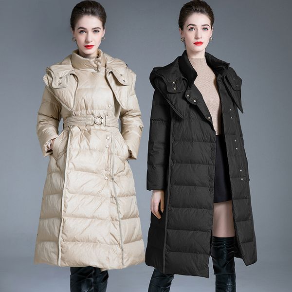 

2023 europe and the united states 2023 winter clothes new silhouette down jacket women's long waist closed senior sense fashion over-th, Black