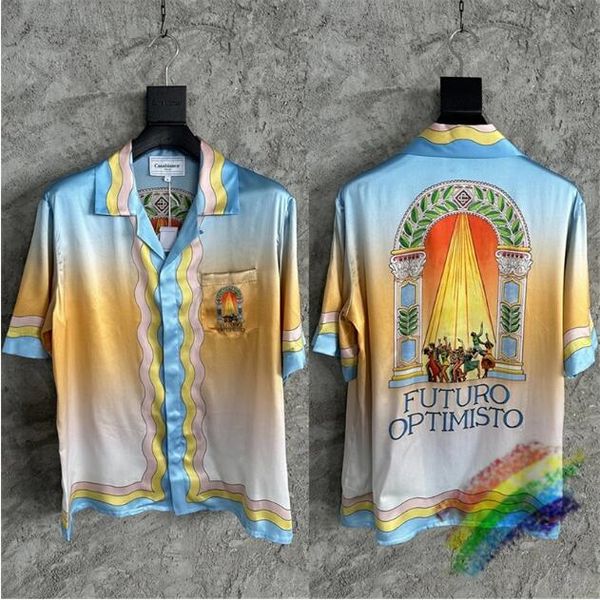 

2023ss gradient silk shirt men women 1 quality short sleeve hawaii beach shirts, White;black