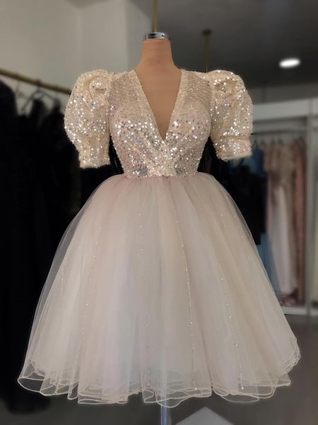 

2023 ivory ball gown graduation dress deep v-neck tulle beaded short mini homecoming party formal cocktail prom gowns dresses zj408, Blue;red