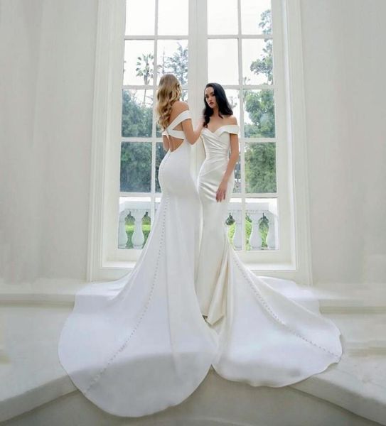 

2021 simple satin mermaid wedding dresses white ivory off the shoulder cross back long covered button bridal gowns vestido de cort2363817
