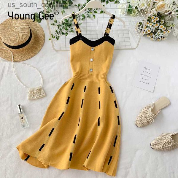 

young gee knitted contrast color v neck spaghetti strap summer mini dress women casual party yellow black sweater dresses l230522, Black;gray