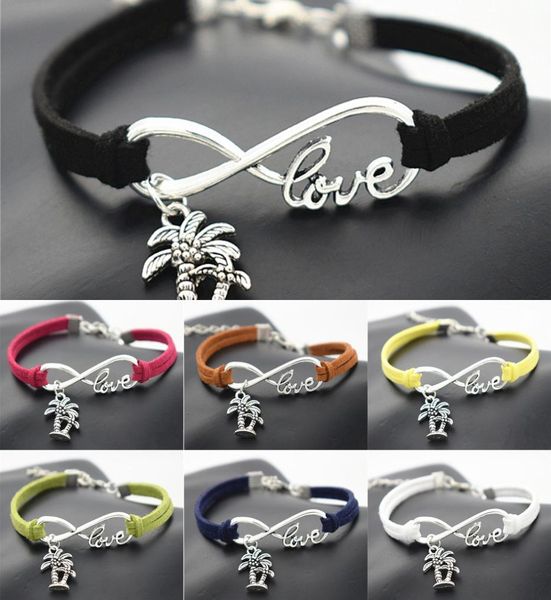 

fashion summer beach vintage plant antique infinity love double coconut palm tree charm leather bracelets gifts jewelry8589987, Golden;silver