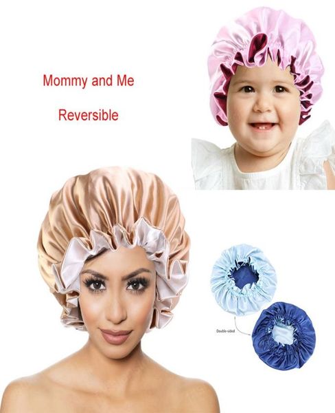 

mommy and me satin bonnet double layer women night sleeping cap children head cover hair accessories reversible silky bonnet4812867, Blue;gray