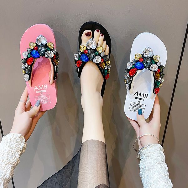

35-42 plus size womens shoes 2023 new summer platform fashion luxury love rhinestone flip-flops comfortable wearing sandals., Black