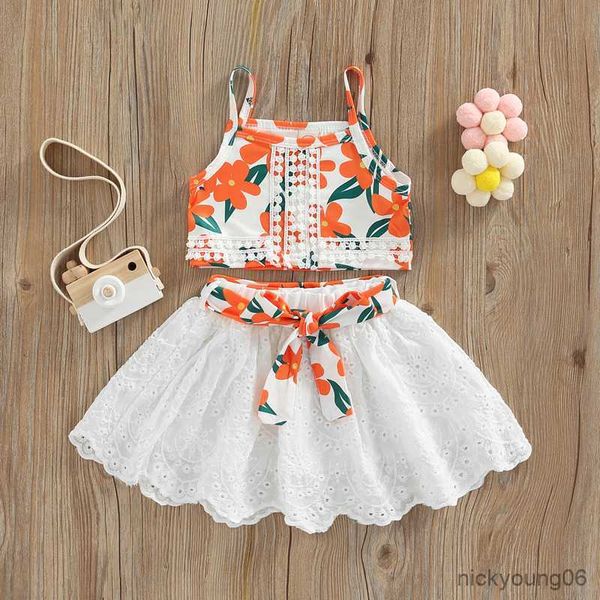 

clothing sets fashion girls summer hollow floral print sleeveless tanks and elastic waist belt pleated mini skirts casual suits, White