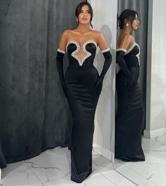 

luxury black strapless evening formal dress 2023 satin cut out beading floor length sheath prom party gowns robe de soiree vestidos de feast, Black;red