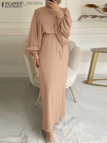 

elegant muslim dress for women 2023 spring fashion belted maxi dubai abaya zanzea party solid long sleeve turkey hijab ol kaftan l230522, Black;gray