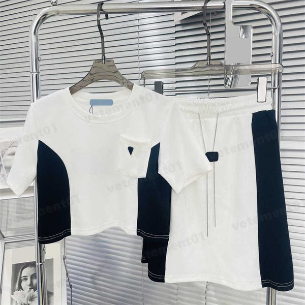 

luxury two piece set women dress suit metal triangle logo decoration short sleeve t shirt and skirt sets 2 colors summer fashion outdoor wom, White