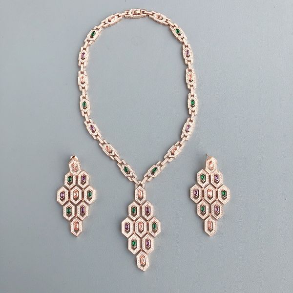 

designer collection luxurious necklace earrings women lady inlay colored cubic zircon daimond rhombic pendant plated gold jewelry sets, Silver