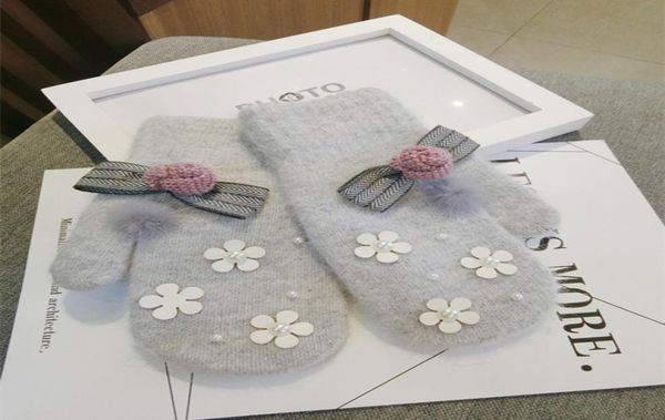 

five fingers gloves winter female fur blended warm women handmade woolen camellia flowers cute finger less mittens agl1093156569, Blue;gray