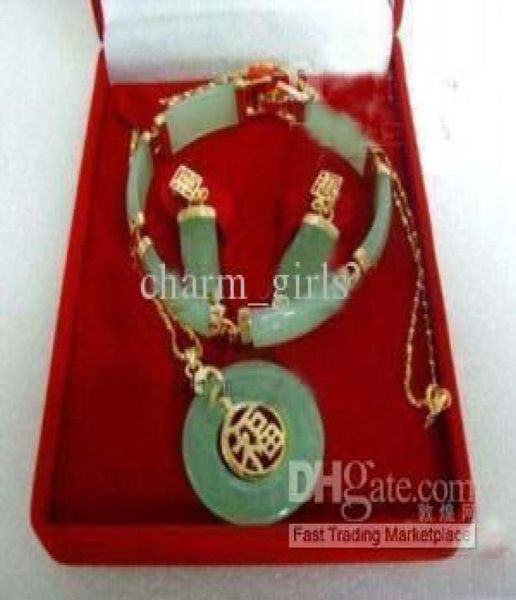 

classic luxury girl lady jewellery set noblest green jade 18k gold filled link pendant bracelet earrings necklace jewelry set4854277, Black