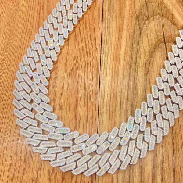 

silver 925 vvs round and baguette moissanite miami cuban link diamond chain men hip hop necklace