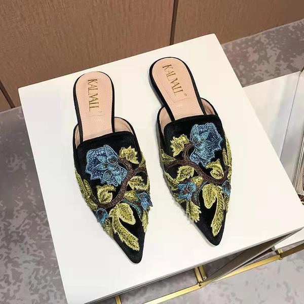 

baotou embroidered cool slippers female outside wear spring and summer new fashion flat embroidered half slipper mueller shoes, Black