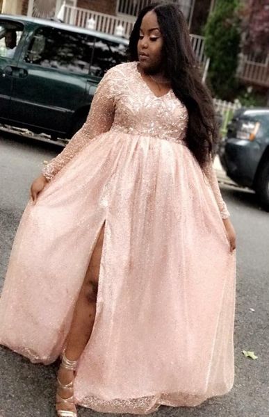 

plus size a line long prom dresses 2019 new long sleeve split side floor length v neck formal evening dress party gowns custom mad5314771, Black