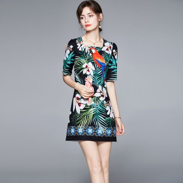 

2023 summer european fashion women's a-line dress, short sleeve, square collar, floral print. mid-calf length, ideal for girls' ha, Black;gray