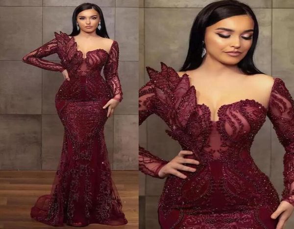

2022 gorgeous burgundy beaded evening dresses mermaid sheer neck prom dress long sleeves formal party second reception gowns arabi7986354, Black;red