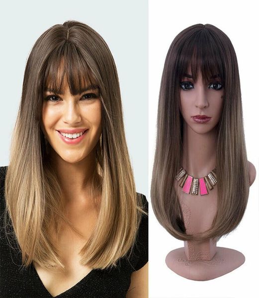 

mid long straight natural hair with bangs brown ombre cosplay wigs for women us2094012, Black