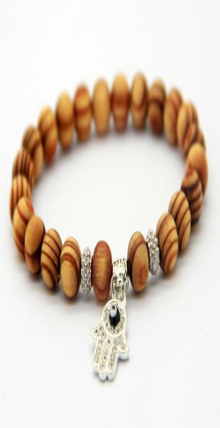 

new design silver plated fatima hand hamsa charm bracelets whole brown wood beads gift jewelry5500188, Black