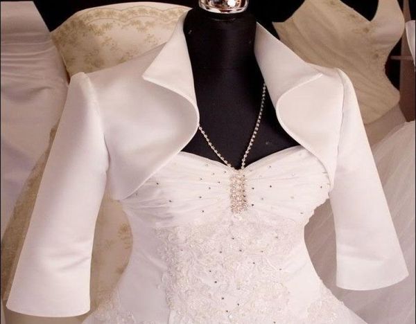 

custom made new style 34 sleeve satin wedding jacket bridal wraps jackets with neck dh51638653327, White