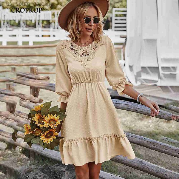 

lace stitching dress women summer casual ruffle big hem beach dress elegant black half sleeve mini a-line party dresses l230522, Black;gray