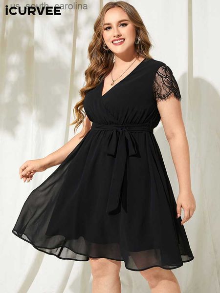 

icurvee elegant mini dress summer plus size short sleeve lace chiffon bohemian sundress 2023 v neck casual party beach robe l230522, Black;gray