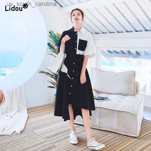 

young style asymmetrical turn-down collar short sleeve shirt dress empire belt pocket black white solid color women's clothing l230522, Black;gray