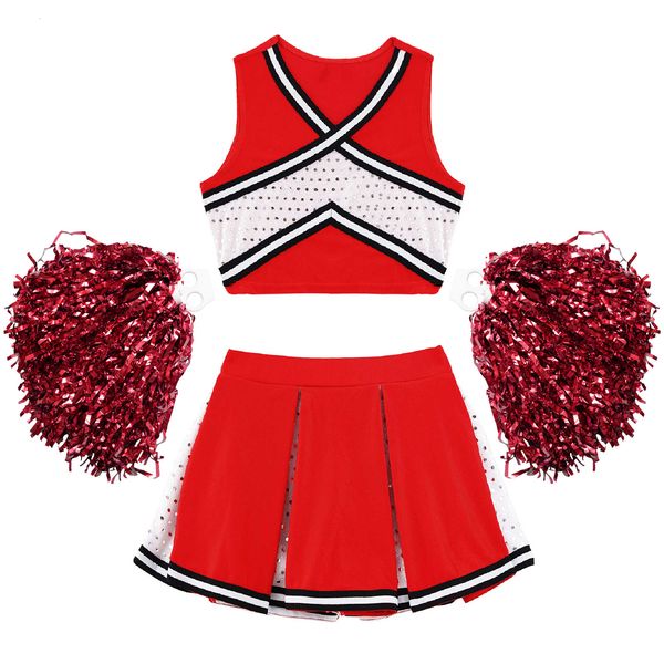 

collectable cheerleading kids girls cheerleading uniform dance costume striped front v neckline with pleated skirt and 2pcs flower balls out