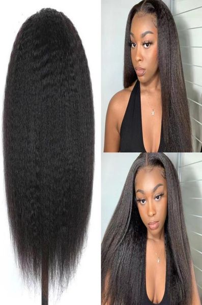 

hcdiva lace front wigs 13x4 kinky straight human hair wigs for black women glueless yaki straight virgin brazilian hair lace wig w2710881, Black;brown