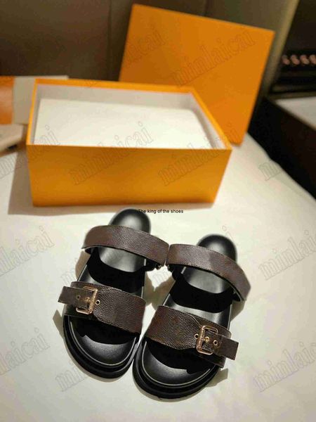 

designger slipper for women bom dia flat comfort mule blue denim monograms canvas leather 2 straps sandals with gold buckle, Black