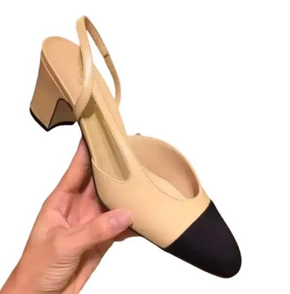 

luxury designer womens shoe calfskin catwalk pumps high heels flat sneakers genuine leather open on formal chunky kitten heel slingbacks lad, Black