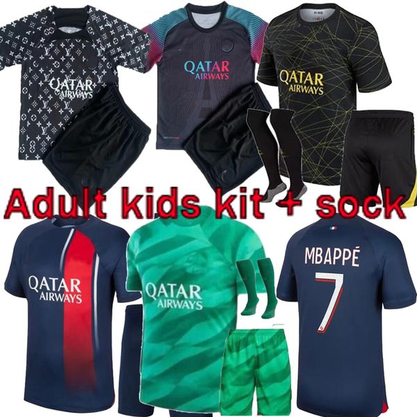 

adults and kids 23 24 psgs mbappe soccer jerseys 2023 2024 di maria wijnaldum sergio ramos hakimi fourth maillots de football kit, Black
