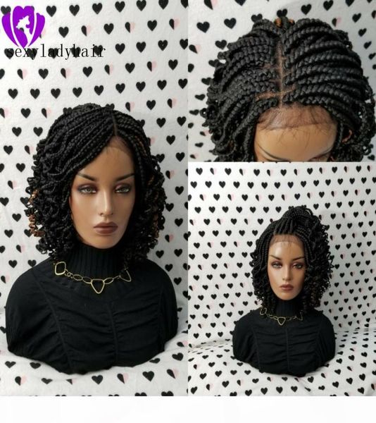 

2020 new lace frontal short braided wigs for black women synthetic lace front braids wig with curly tips baby hair7034983