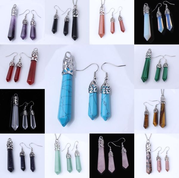 

whole 10sets silver plated mixed order quartz stone hexagon column pendant dangle earring charm jewelry4544503