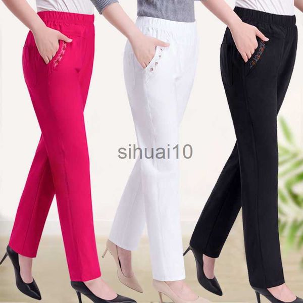 

women's pants capris 2023 summer women pants middle-aged lady elastic waist loose casual pants 4xl pocket thin female straight trousers, Black;white