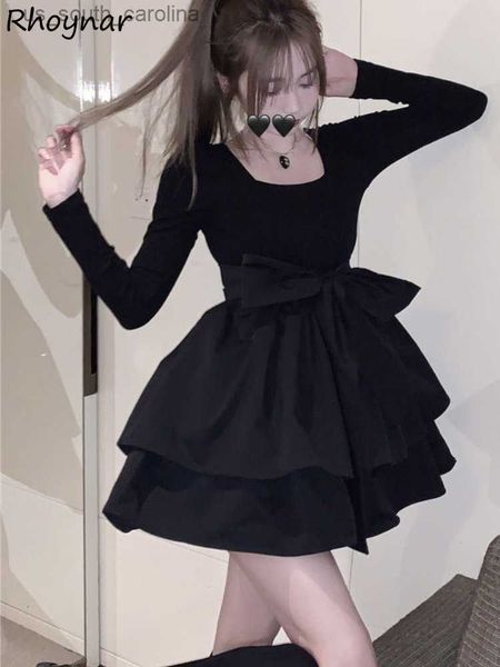 

long sleeve dress women black mini elegant bow summer sweet aesthetic popular streetwear party all-match simple holiday young l230522, Black;gray