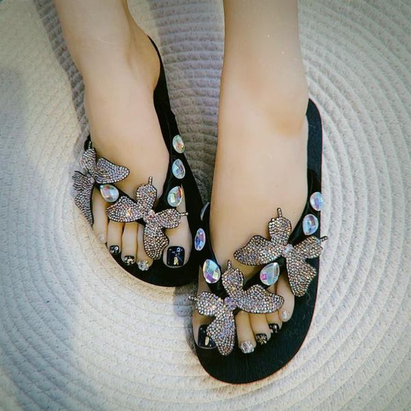 

beach diamond butterfly flat herringbone slippers summer new style original black sandals clip toe slippers original womenshoes