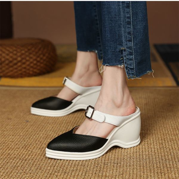 

fashion joker new summer wedge slippers female color matching elegant high-end litchi leather high-heeled baotou pointed sandals, Black