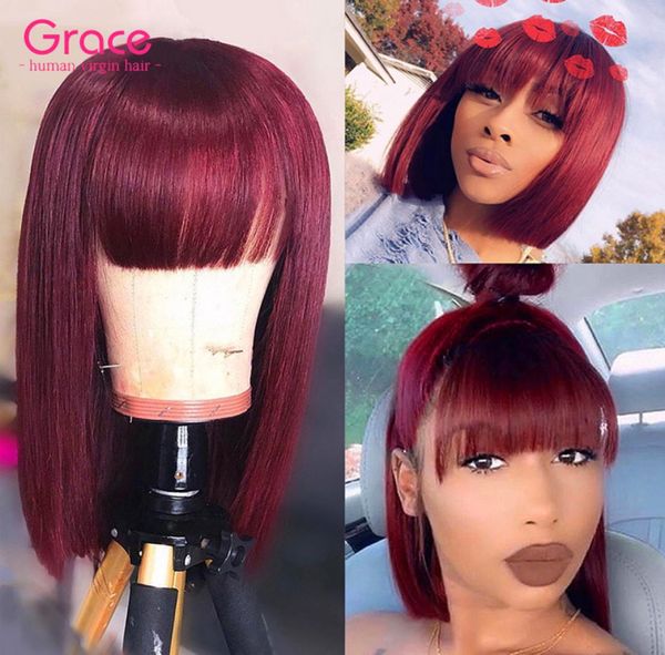 

99j burgundy bob wig pixie cut short human hair brazilian remy straight glueless wigs with bangs for black women wine red non lace5466622, Black;brown
