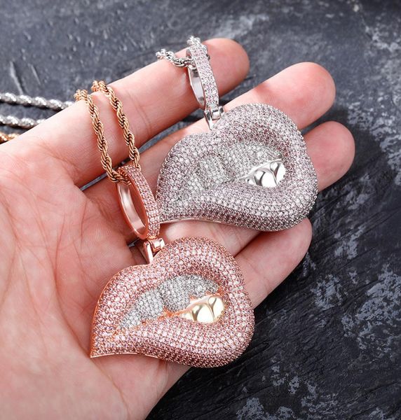 

men women jewelry gold plated bling iced out cz lips pendant necklace for men women hiphop jewelry4964262, Silver