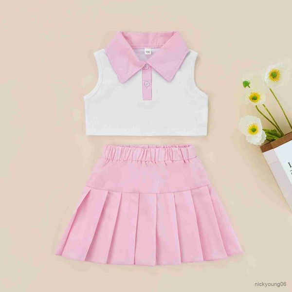 

clothing sets 2pcs children girls summer outfits patchwork lapel buttons sleeveless tank and pleated skirt set for kids, White