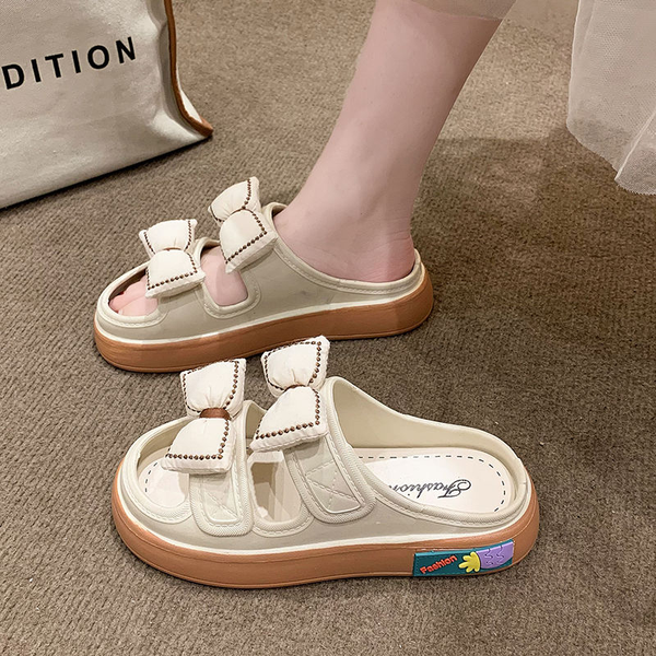 

slippers women summer wear cute bow flat drag super fire thick bottoming step home beach office worker stylish and comfortable, Black