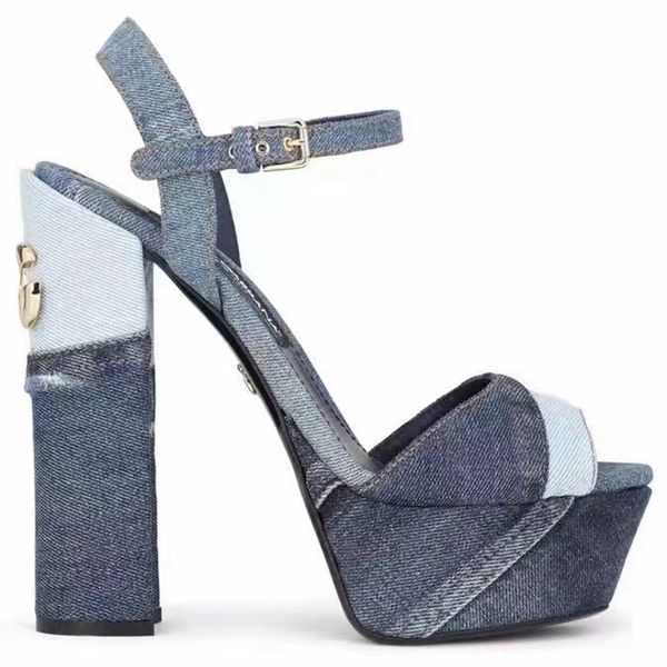 

denim sandals designer platform heel womens dress shoes fashion rhinestone buckle 3d printing decoration thick heels shoe 15cm high heeled s, Black