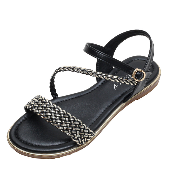 

womens summer new comfortable flat fashion knitted single line lace-up roman shoes sandals comfortable flat sandals womens shoe, Black