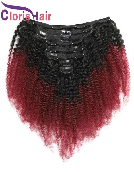 

thick 1b99j colored human hair clip in extensions afro kinky curly raw virgin indian burgundy ombre clips on weave full head 8pcs9796799, Black;brown