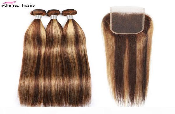 

ishow highlights 4 27 human hair bundles with closure straight virgin hair extensions 3 4pcs with lace closure colored ombre4494044, Black