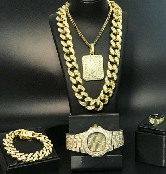 

luxury gold silver color watch pendant bracelet ring combo set ice out cuban necklace chain hip hop for men c09248305123, Golden;white