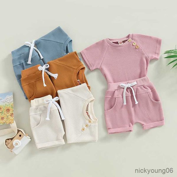 

clothing sets summer newborn baby boy girl clothes 0-3y solid waffle short sleeve button t-shirts and pocket pants for toddler, White