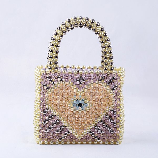 

pearls beaded handbag colorful peach heart pattern double handle luxury woven women party banquet purses designer colorblock