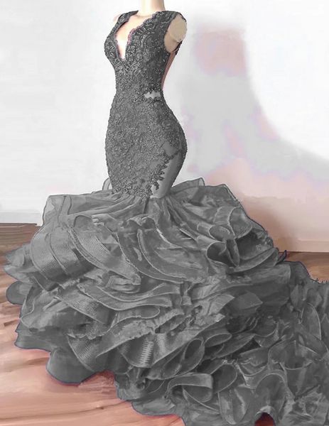 

luxury grey lace beaded mermaid prom formal dress 2023 v-neck puffy bottom ruffles long women evening birthday gowns vestidos de feast, Black