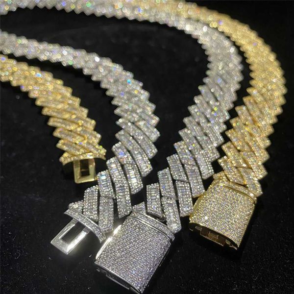 

hip hop men luxury cuban chain 18mm width baguette three-row moissanite cuban necklace full iced out miami cuban link chain, Silver